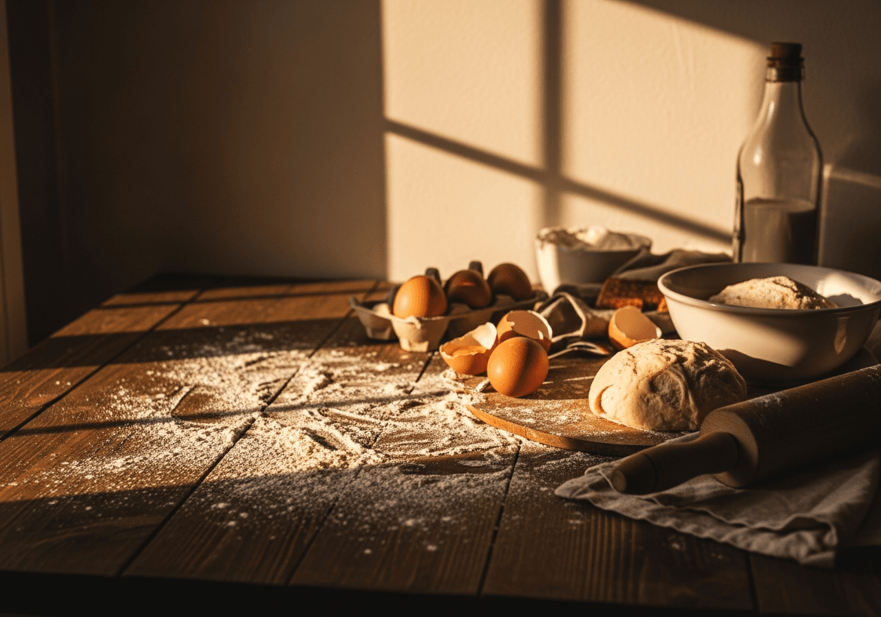 Warm rustic kitchen with flour and rolling pin
